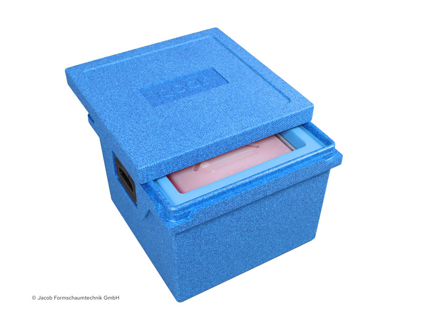 Blaue Thermobox aus EPP/EPS mit geöffnetem Deckel.